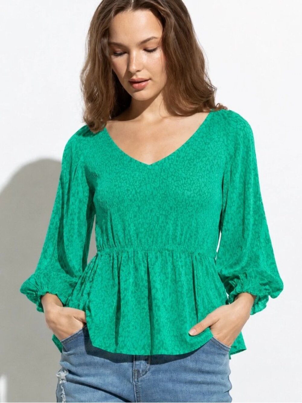 EVRI Kelly Green Leopard Print Top Plus 2X Drawstring Waist Pullover Career